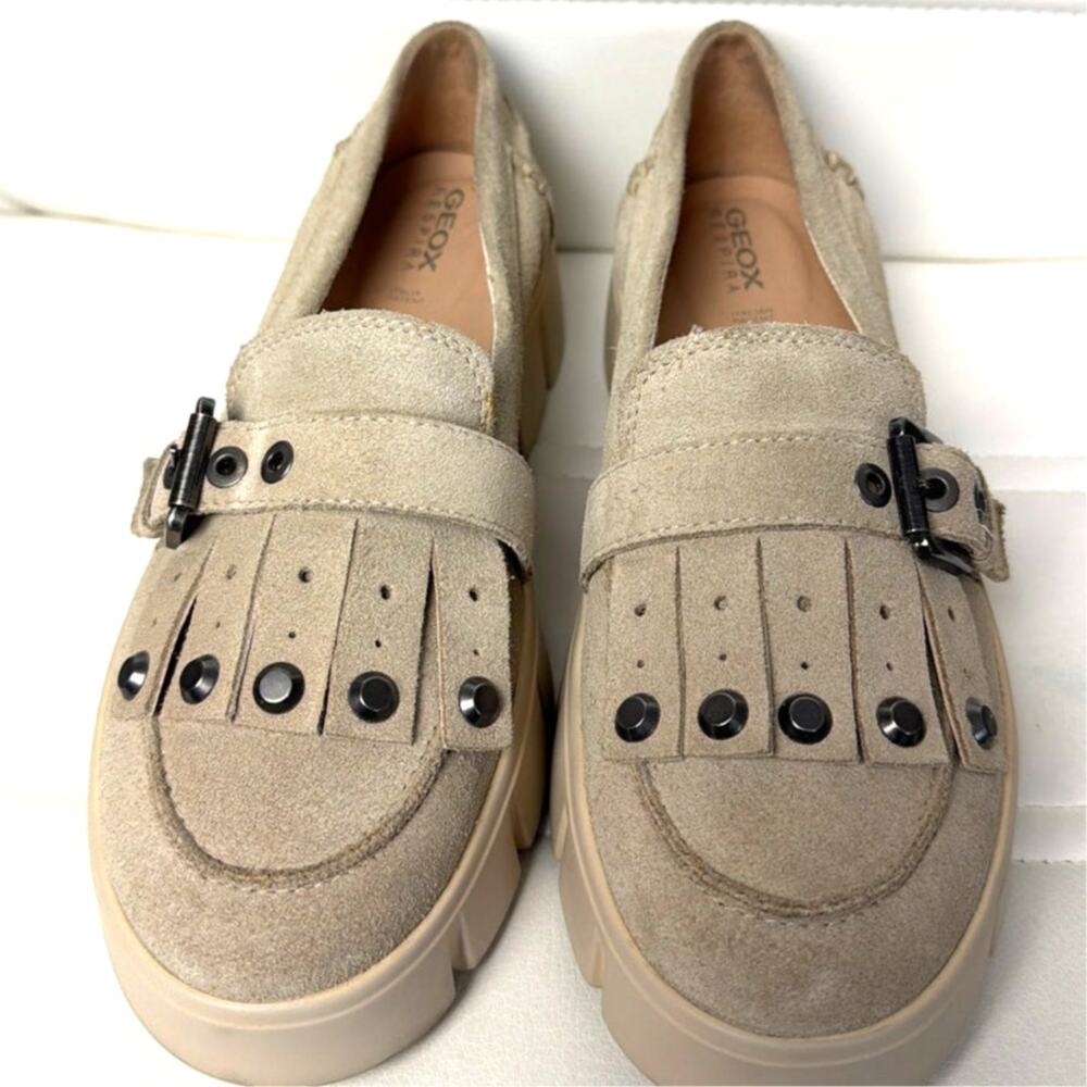 Geox D Ghoula Platform Loafers Beige Suede Studded Buckle Size 39 Office Casual - Picture 3 of 7